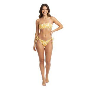 Tropical Yellow Orange String Bikini Bottom – Size XS Leaf Print Swimwear